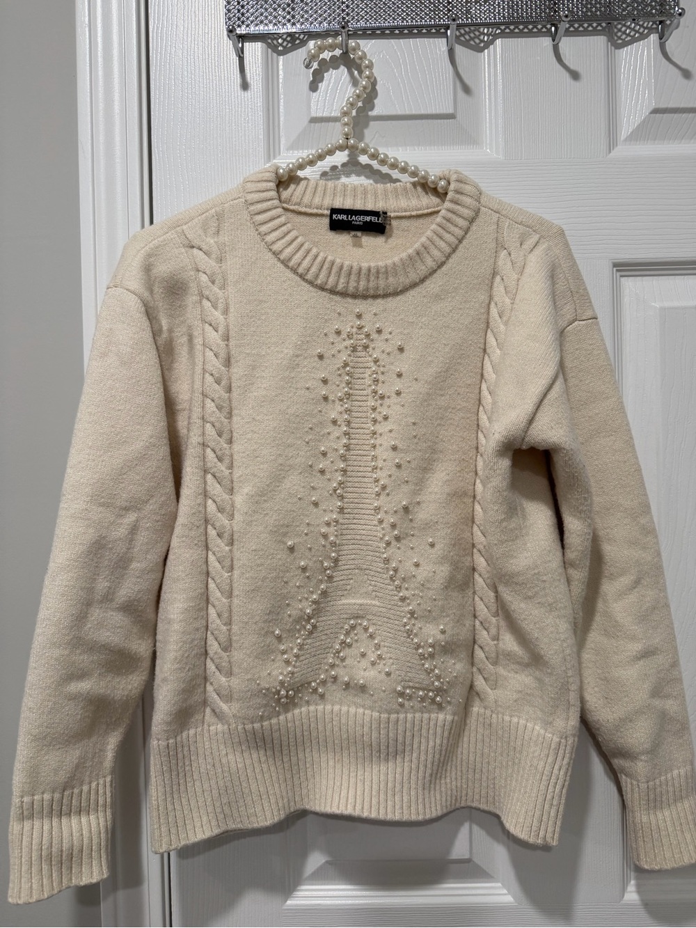 Karl Lagerfeld Cream Crewneck Sweater with Beaded Eiffel Motif - Picture 4 of 6